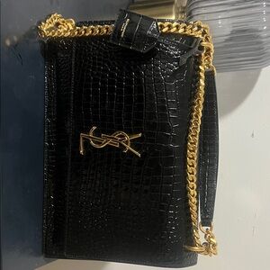 Black Croc-Embossed Bag with Gold Chain